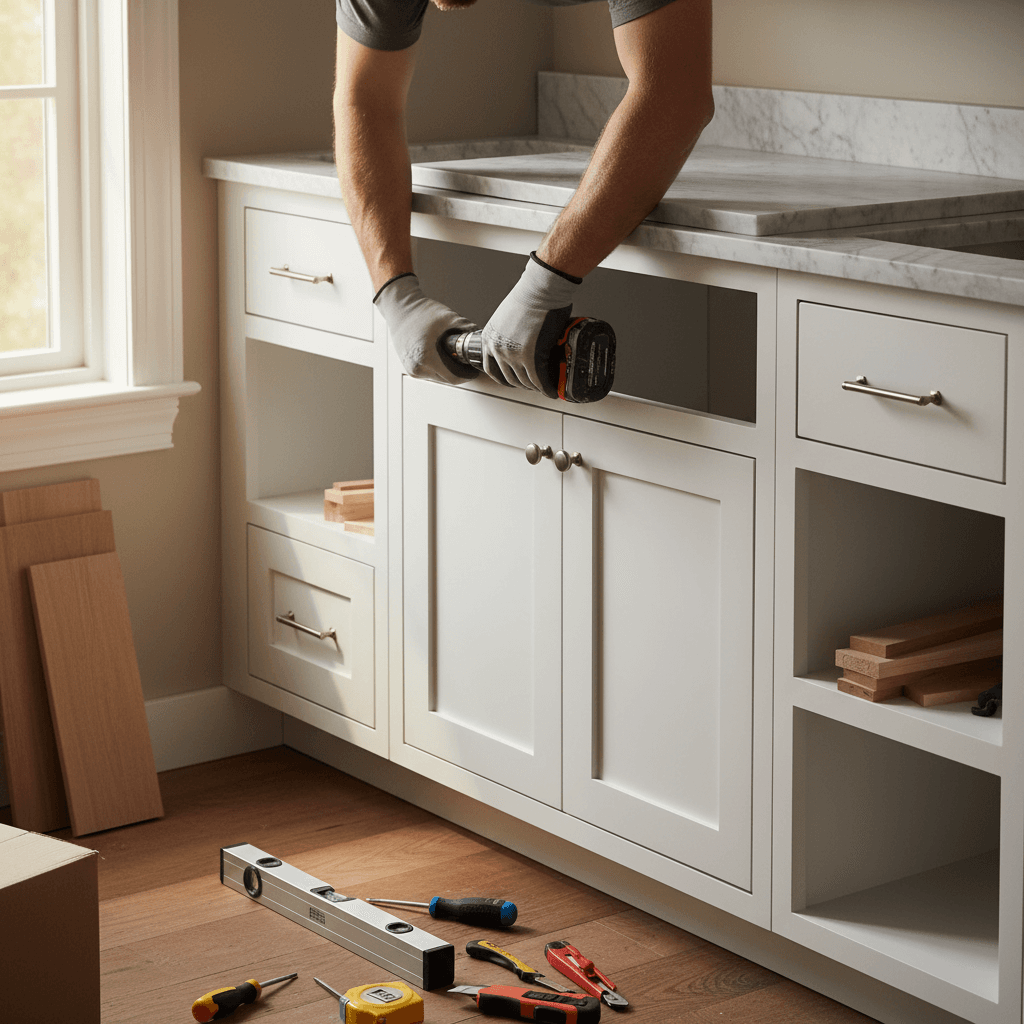 Bathroom vanity installation and storage setup