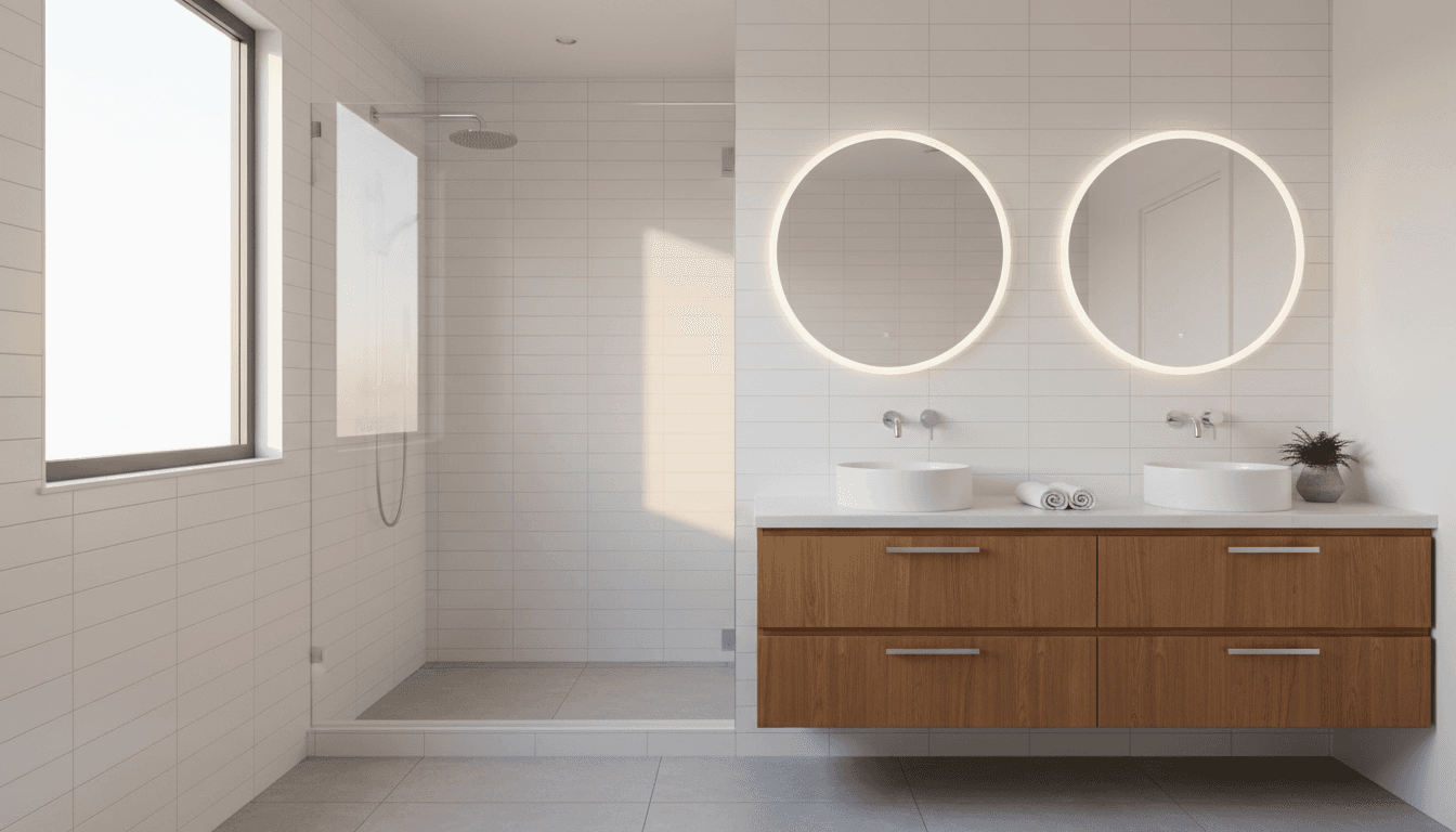 Newly renovated modern bathroom with white tile, chrome fixtures, and wood vanity bathed in natural light