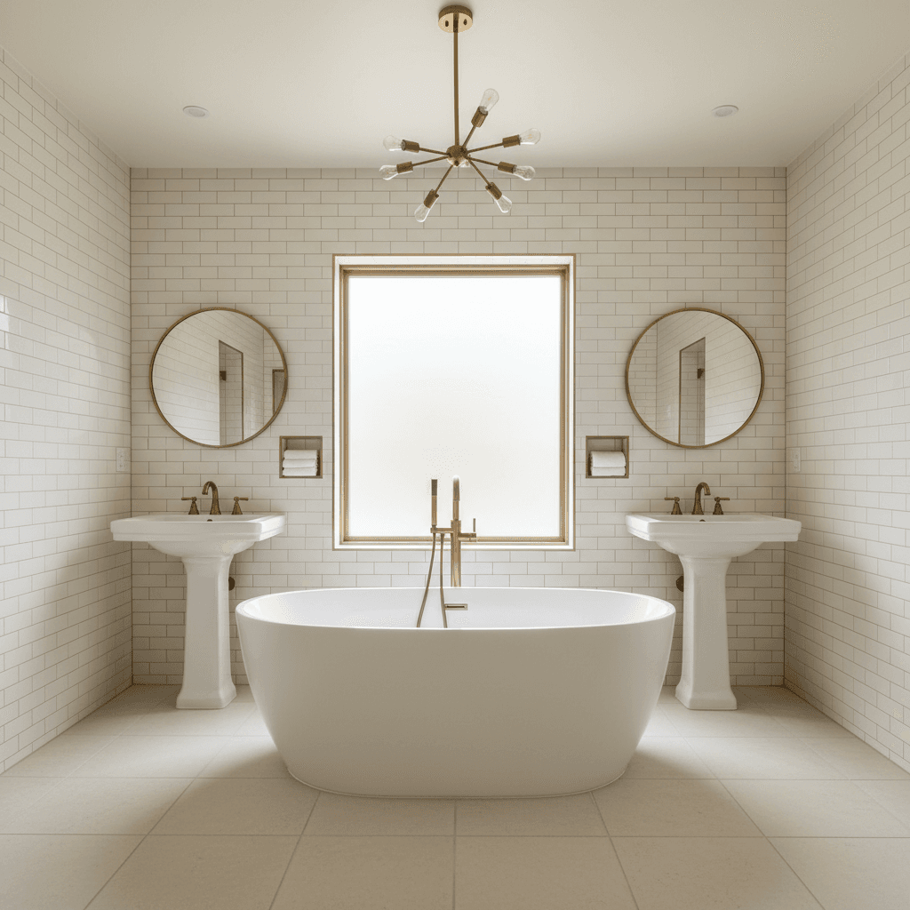 Modern bathroom renovation with soaking tub and tile work