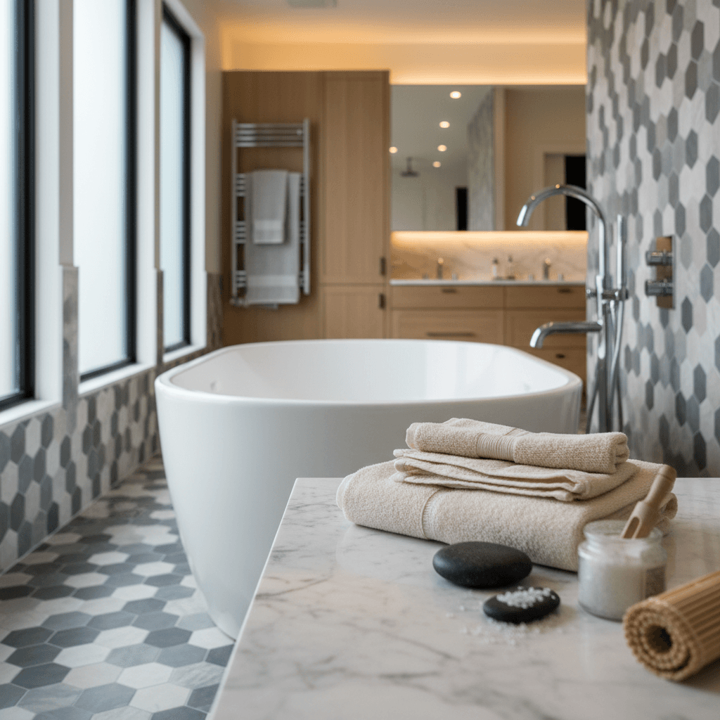 Luxurious freestanding soaking tub with stone feature wall