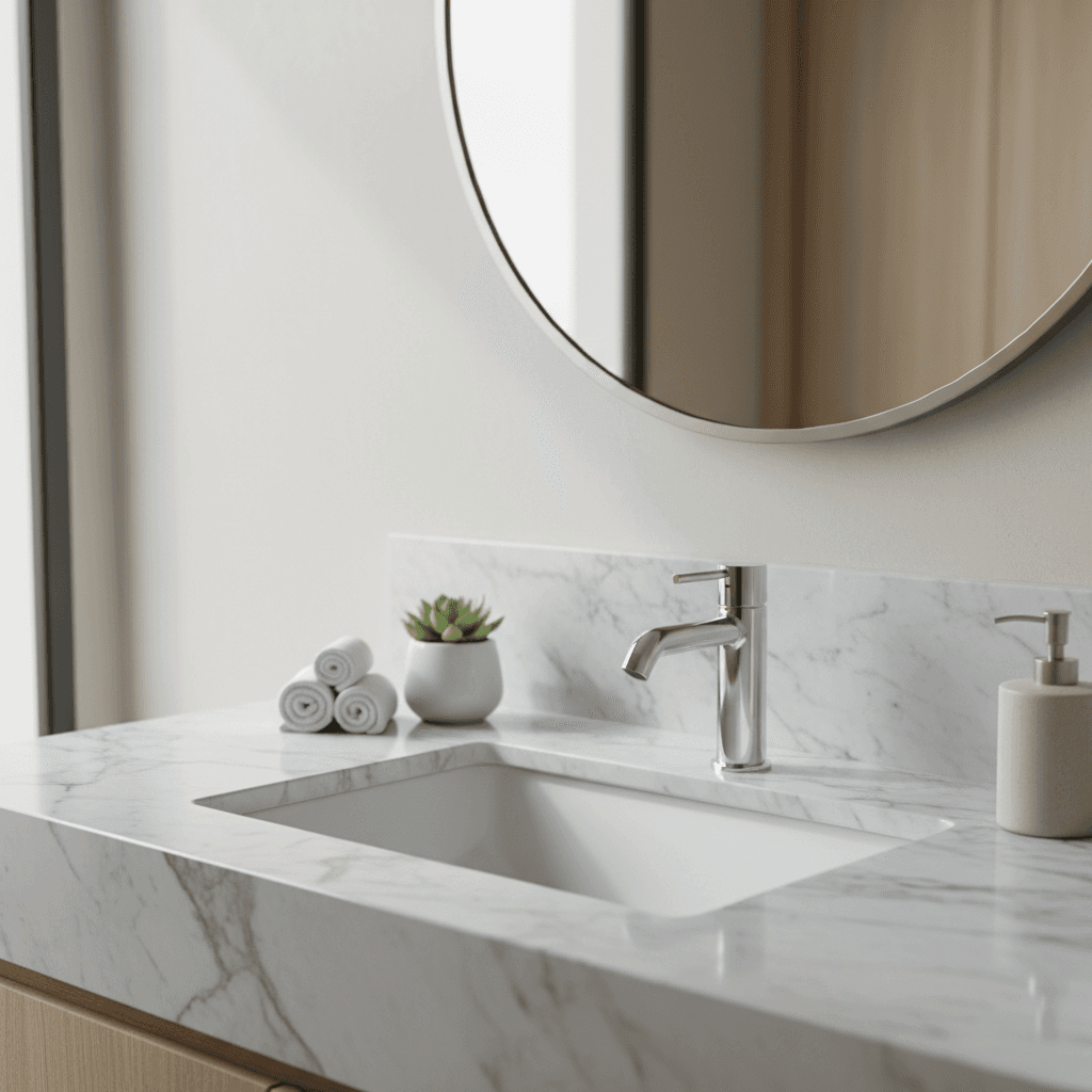 Renovated bathroom vanity with marble countertop and chrome fixtures