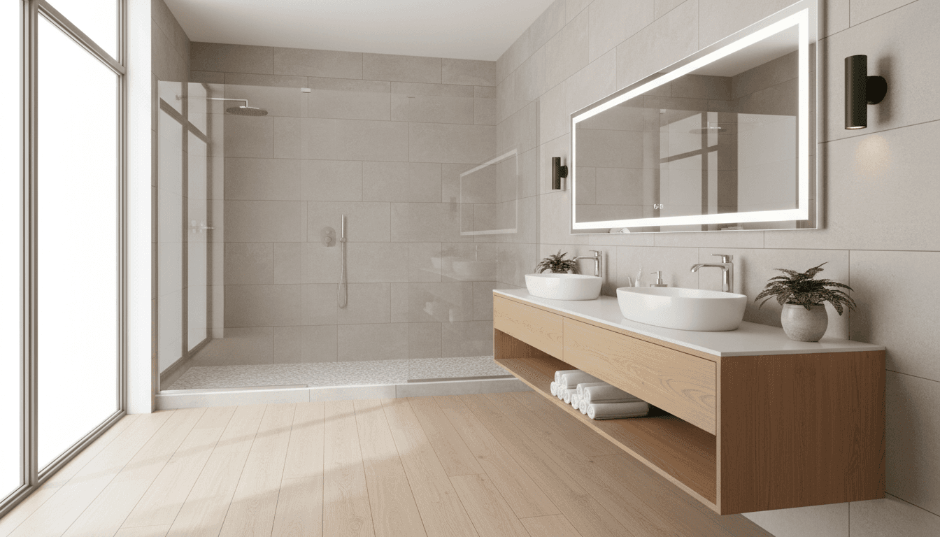 Modern bathroom renovation with marble shower and custom tilework