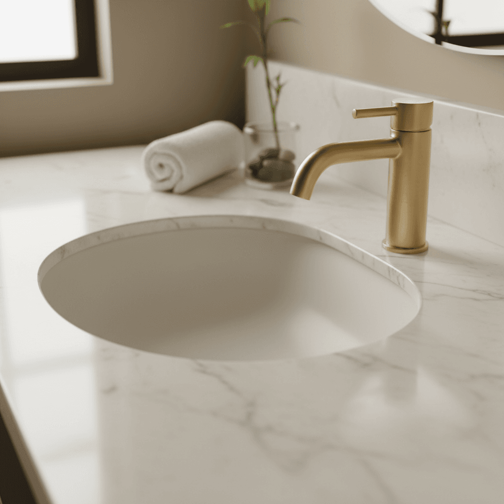 Double vanity with marble countertop and modern fixtures