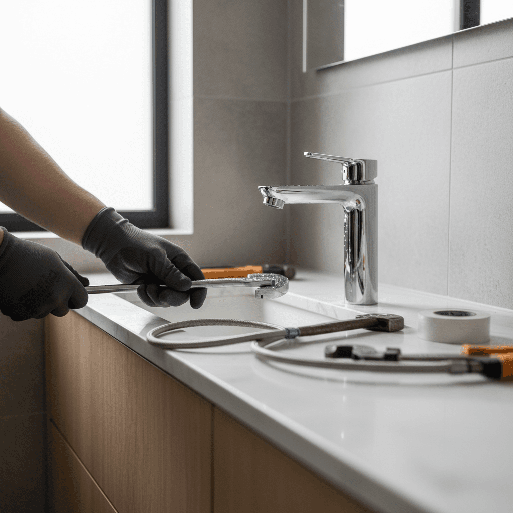 Skilled bathroom remodeling installation with marble countertop and modern faucet