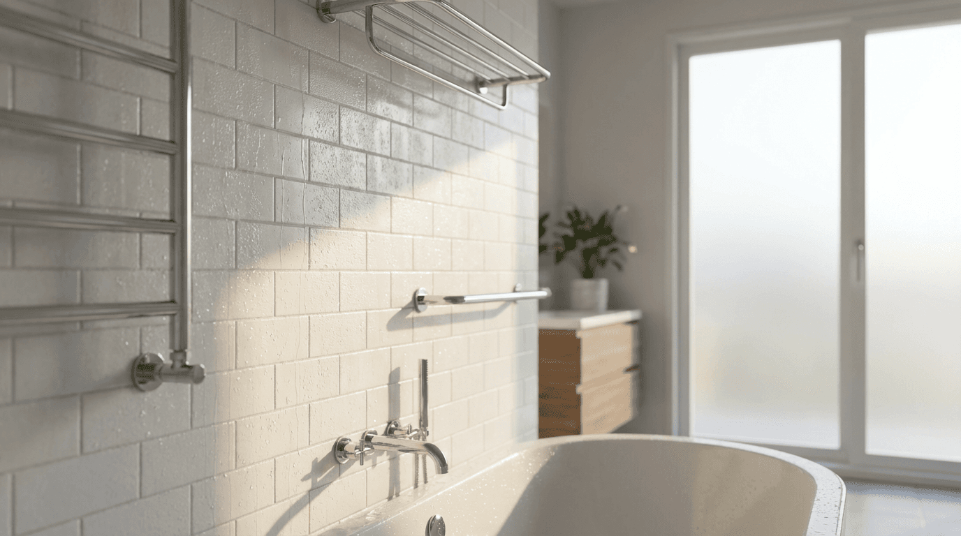Modern bathroom renovation with subway tile, recessed lighting, and walk-in shower