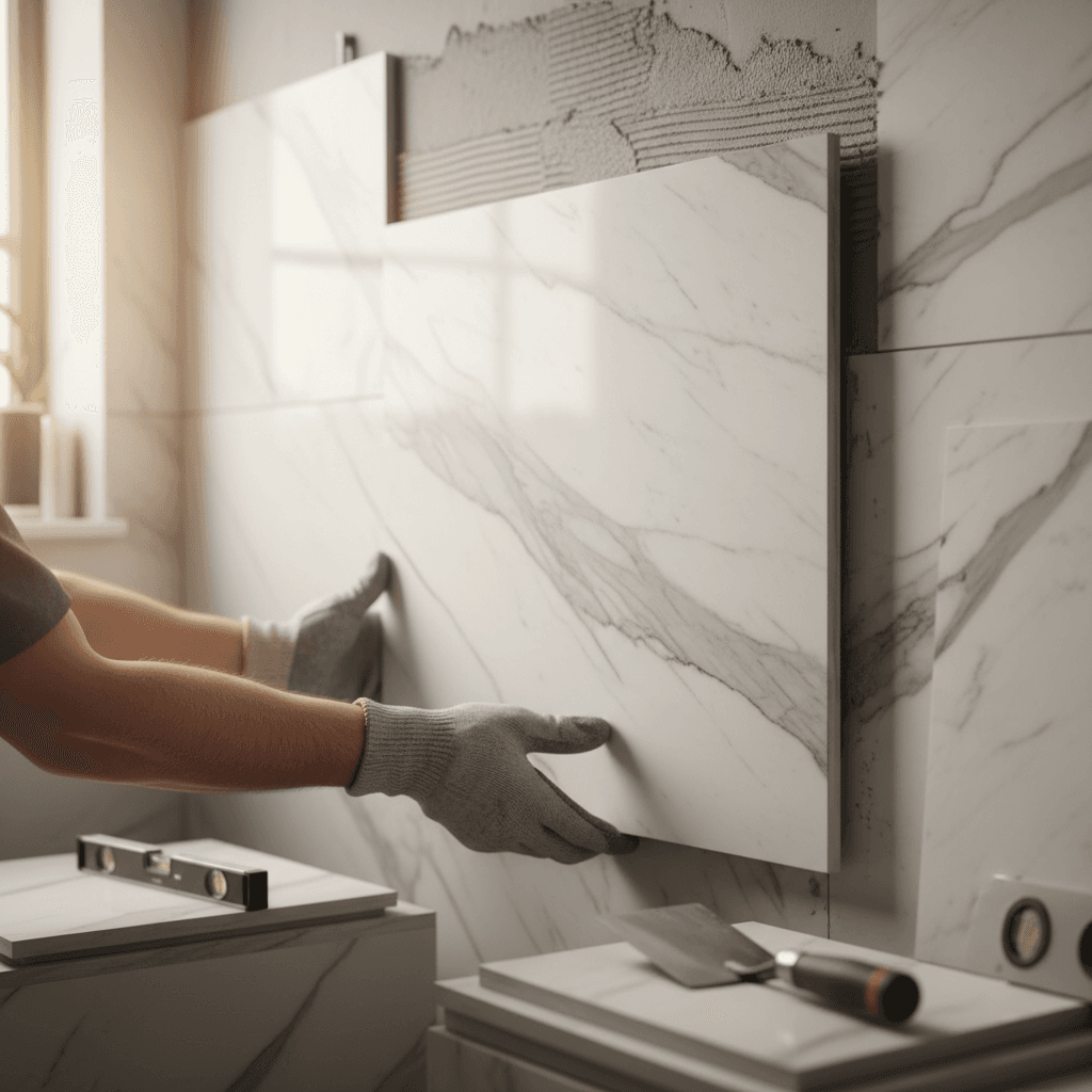 Skilled craftsperson installing marble tiles in bathroom renovation